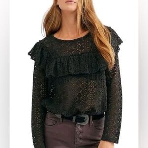 FREE PEOPLE FP Beach Feel The Love Black Crochet Long Sleeve Ruffle Top XS